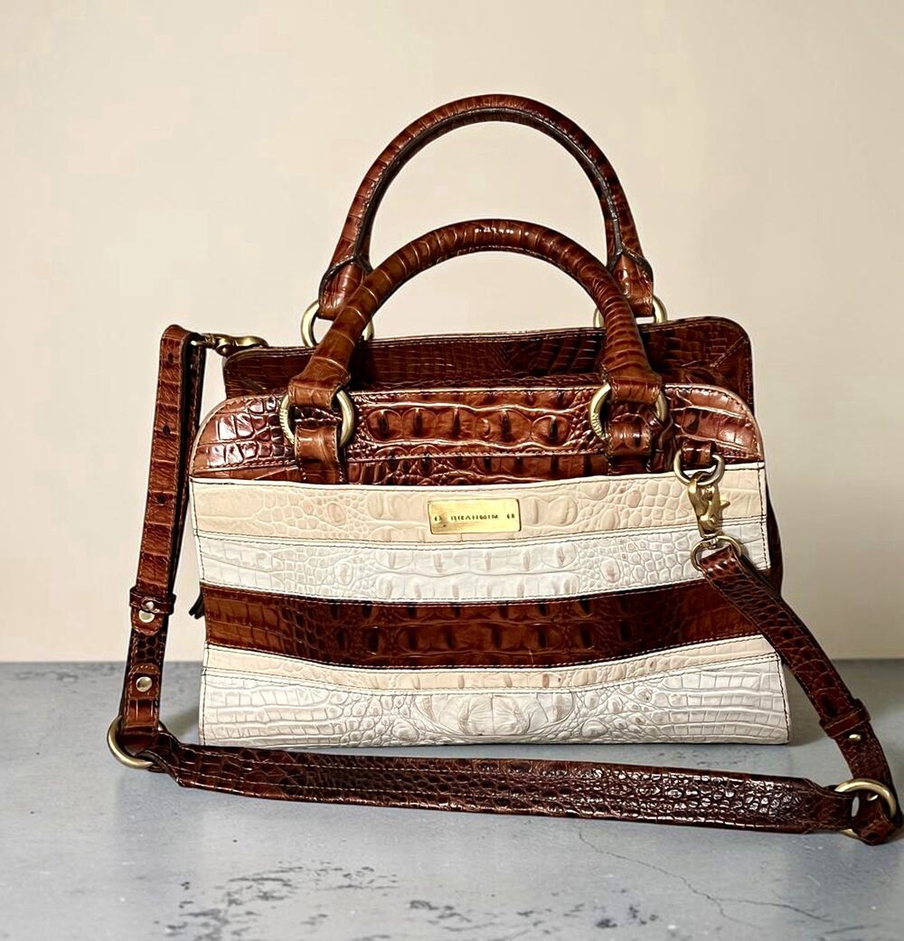 Brahmin Embossed Croc Print Satchel Brown White Zip Detachable Strap Dust Bag